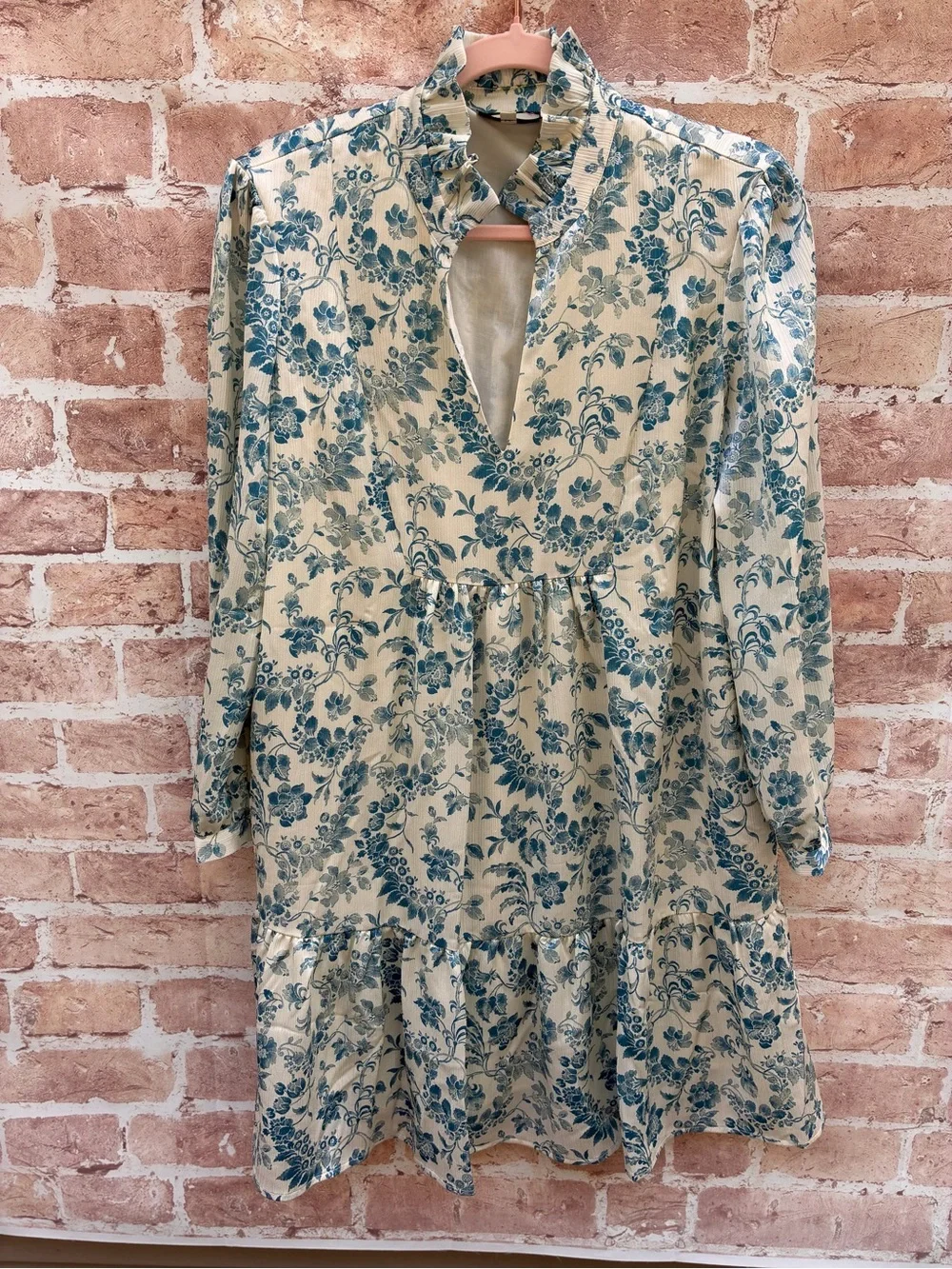 Tuckernuck size L Blue Floral Ruffle Neck satin Tiered mini Dress